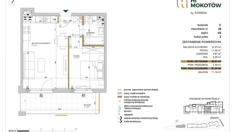 Rzut - Mieszkanie na sprzedaż 2 pokoje o powierzchni 40,07 m² - numer A1.C.38 w Hi Mokotów