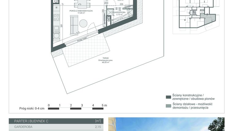 Rzut - Mieszkanie na sprzedaż 2 pokoje o powierzchni 43,73 m² - numer 1 w Unikat Apartamenty C
