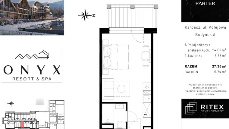 Rzut - Mieszkanie na sprzedaż 1 pokój o powierzchni 27,49 m² - numer NR 0.A5 w Onyx Resort & Spa