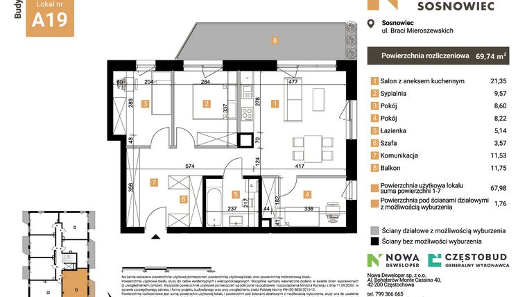 Rzut - Mieszkanie na sprzedaż 4 pokoje o powierzchni 69,74 m² - numer A19 w Nowy Sosnowiec