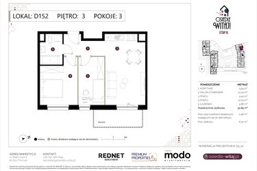 Rzut - Mieszkanie na sprzedaż 3 pokoje o powierzchni 53,85 m² - numer D152 w Osiedle Witaj etap II