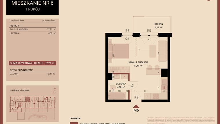 Rzut - Mieszkanie na sprzedaż 1 pokój o powierzchni 32,21 m² - numer 6 w Artepolis