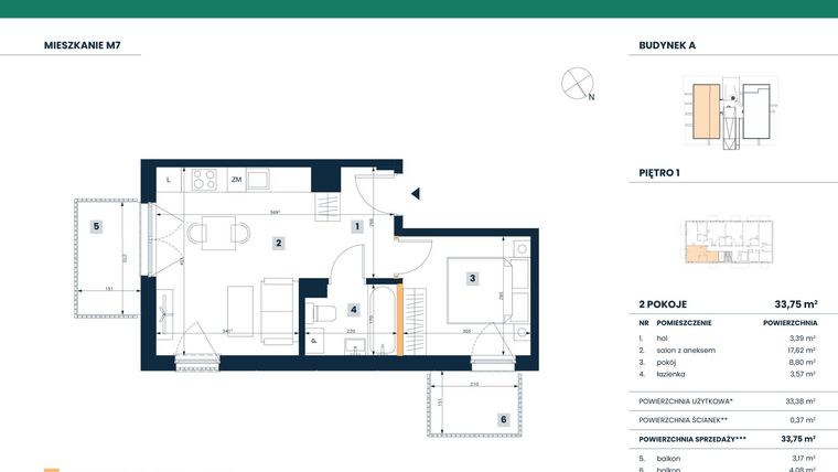 Rzut - Mieszkanie na sprzedaż 2 pokoje o powierzchni 33,75 m² - numer M07 w Reneta