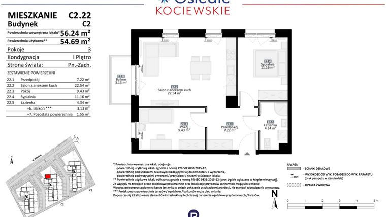 Rzut - Mieszkanie na sprzedaż 3 pokoje o powierzchni 54,69 m² - numer C2.22 w Osiedle Kociewskie etap III