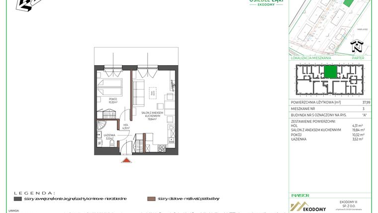 Rzut - Mieszkanie na sprzedaż 2 pokoje o powierzchni 38 m² - numer 3 w Osiedle Polna bud. 5