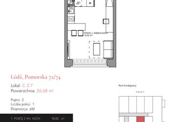 Rzut - Mieszkanie na sprzedaż 1 pokój o powierzchni 26,56 m² - numer C 2.7 w Melody Loft