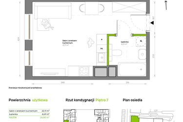 Rzut - Mieszkanie na sprzedaż 1 pokój o powierzchni 26,8 m² - numer A.7.4 w Żywiecka Vita