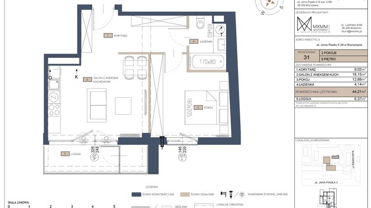 Rzut - Mieszkanie na sprzedaż 2 pokoje o powierzchni 44,21 m² - numer 31 w Apartamenty Jana Pawła 34