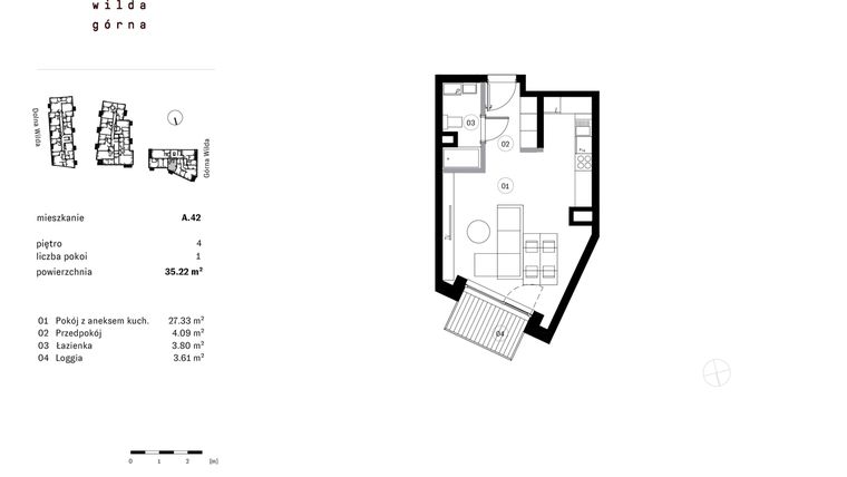 Rzut - Mieszkanie na sprzedaż 1 pokój o powierzchni 35,22 m² - numer A.42 w Dolna Górna Wilda