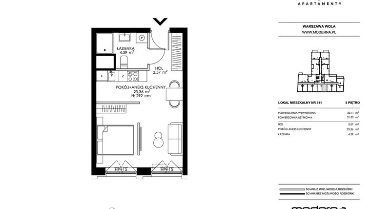 Rzut - Mieszkanie na sprzedaż 2 pokoje o powierzchni 31,32 m² - numer 511 w Chronos