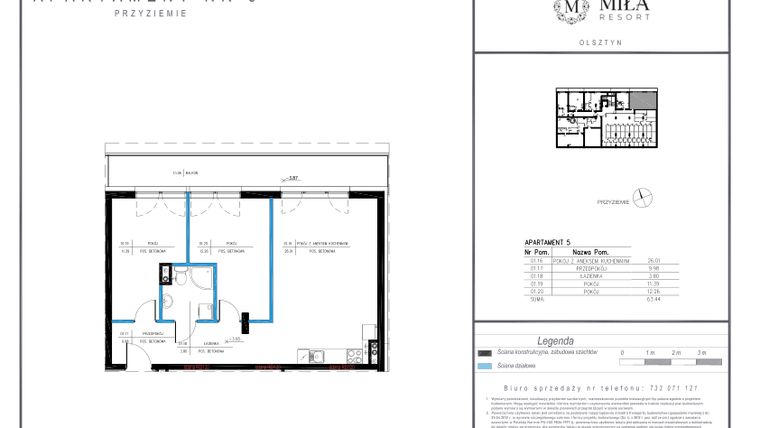 Rzut - Mieszkanie na sprzedaż 3 pokoje o powierzchni 63,44 m² - numer 5 w Miła Resort