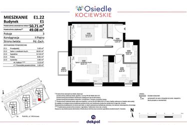 Rzut - Mieszkanie na sprzedaż 3 pokoje o powierzchni 49,08 m² - numer E1.22 w Osiedle Kociewskie bud. E