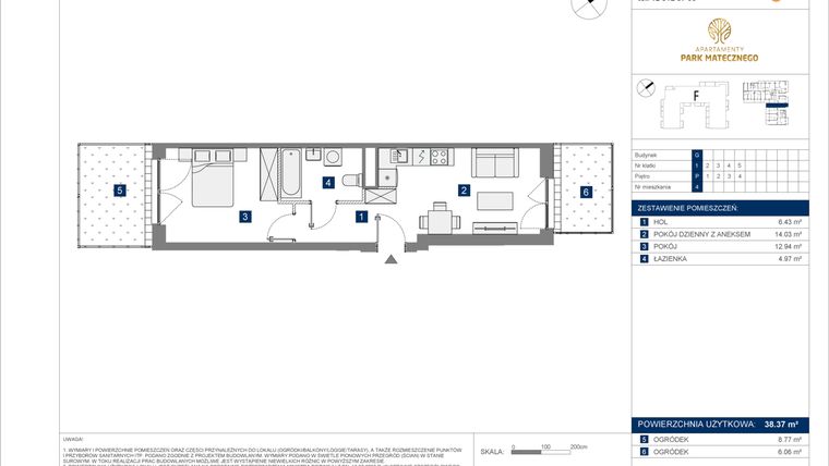 Rzut - Mieszkanie na sprzedaż 2 pokoje o powierzchni 38,37 m² - numer G-4 w Apartamenty Park Matecznego Etap 2