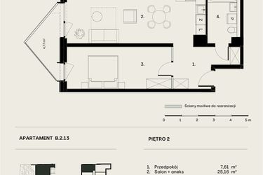 Rzut - Mieszkanie na sprzedaż 2 pokoje o powierzchni 54,95 m² - numer B/2/13 w Ogrodowa 12