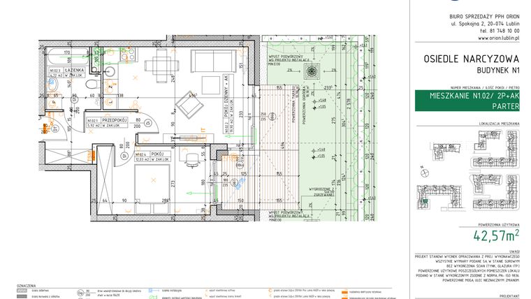 Rzut - Mieszkanie na sprzedaż 2 pokoje o powierzchni 42,57 m² - numer N1.02 w Osiedle Narcyzowe etap 2