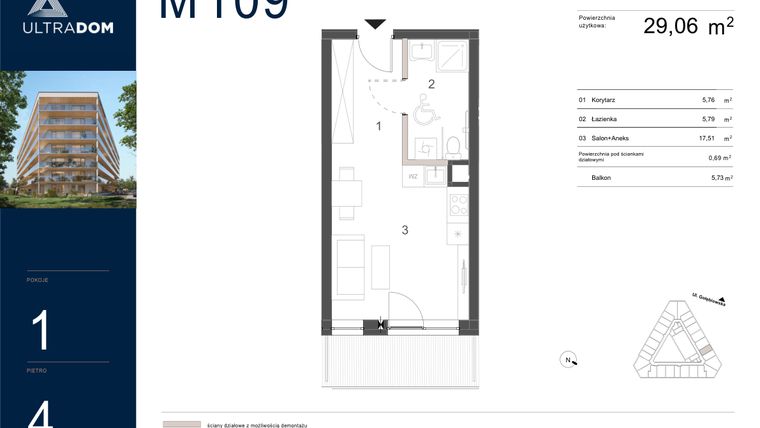 Rzut - Mieszkanie na sprzedaż 1 pokój o powierzchni 29,75 m² - numer M109 w Ultradom