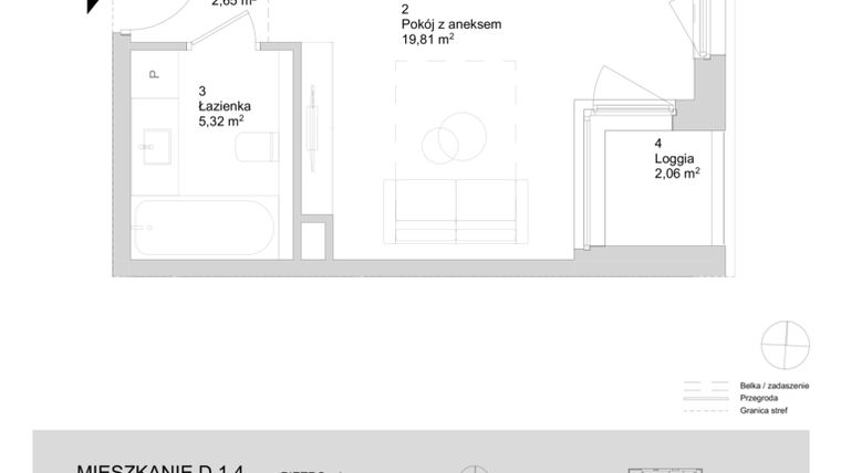 Rzut - Mieszkanie na sprzedaż 1 pokój o powierzchni 27,78 m² - numer D.1.4 w ATAL Parkowa