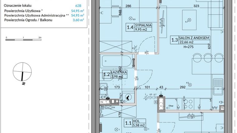 Rzut - Mieszkanie na sprzedaż 3 pokoje o powierzchni 54,95 m² - numer 62B w Osiedle Młodych etap X