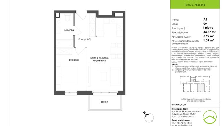 Rzut - Mieszkanie na sprzedaż 2 pokoje o powierzchni 43,57 m² - numer OP/A2/P1/09 w Osiedle Pogodne etap I