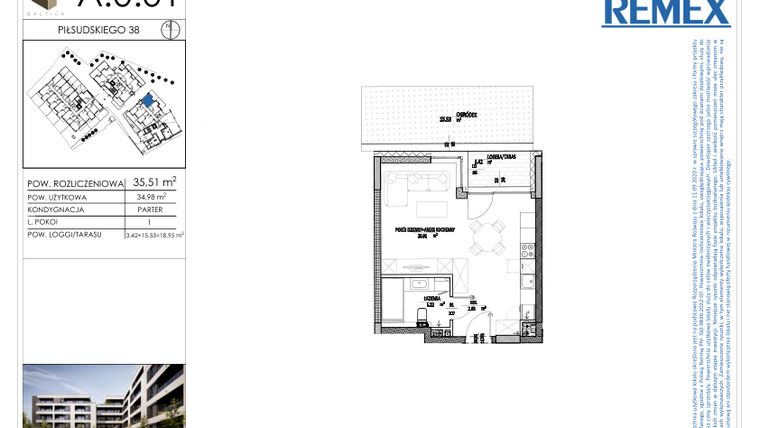 Rzut - Mieszkanie na sprzedaż 1 pokój o powierzchni 35,51 m² - numer A.0.01 w Osiedle BALTICA