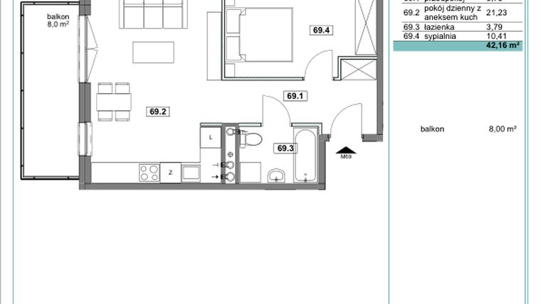 Rzut - Mieszkanie na sprzedaż 2 pokoje o powierzchni 42,33 m² - numer D.69 w Osiedle Kościuszki etap II