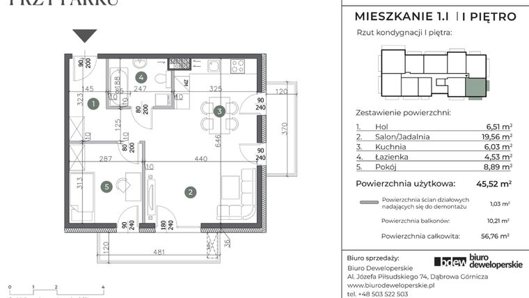 Rzut - Mieszkanie na sprzedaż 3 pokoje o powierzchni 45,52 m² - numer 1.I w Willa przy parku