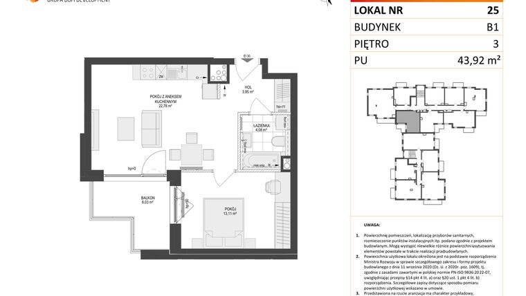 Rzut - Mieszkanie na sprzedaż 2 pokoje o powierzchni 43,92 m² - numer 25 w Locus 2