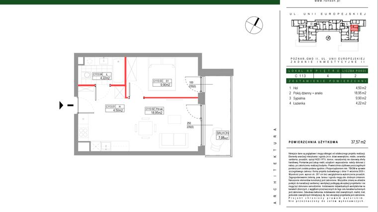 Rzut - Mieszkanie na sprzedaż 2 pokoje o powierzchni 37,57 m² - numer C113 w Grunwald Między Drzewami etap III