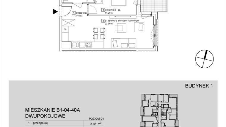 Rzut - Mieszkanie na sprzedaż 2 pokoje o powierzchni 43,19 m² - numer B1-04-40A w Francuska Park IX