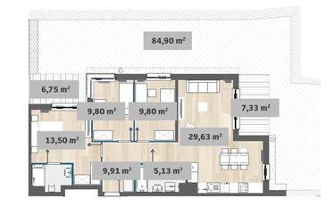 Rzut - Mieszkanie na sprzedaż 4 pokoje o powierzchni 83,53 m² - numer F1.E.00.03 w Sady Żoliborz