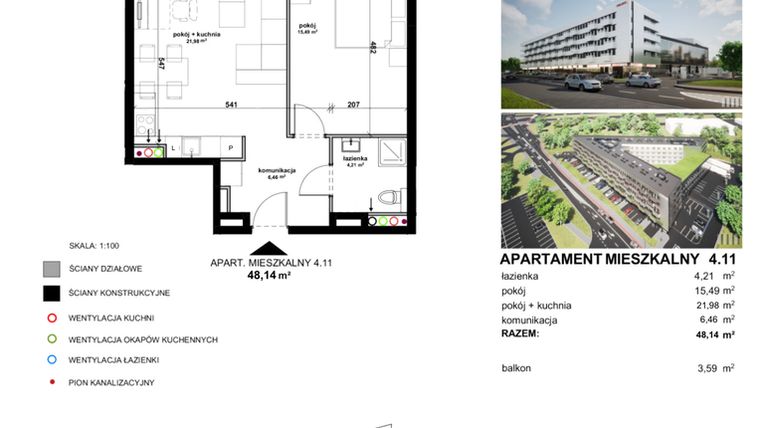 Rzut - Mieszkanie na sprzedaż 2 pokoje o powierzchni 48,14 m² - numer 4.11 w Apartamentowiec Zwycięska 3