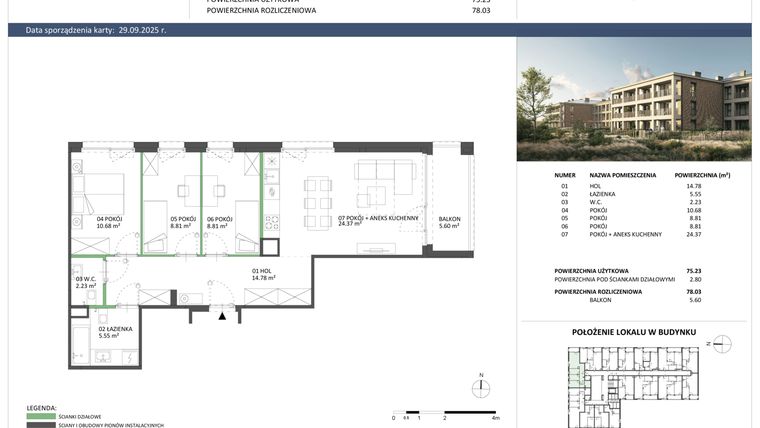 Rzut - Mieszkanie na sprzedaż 4 pokoje o powierzchni 75,23 m² - numer B-17 w Hillence etap 2
