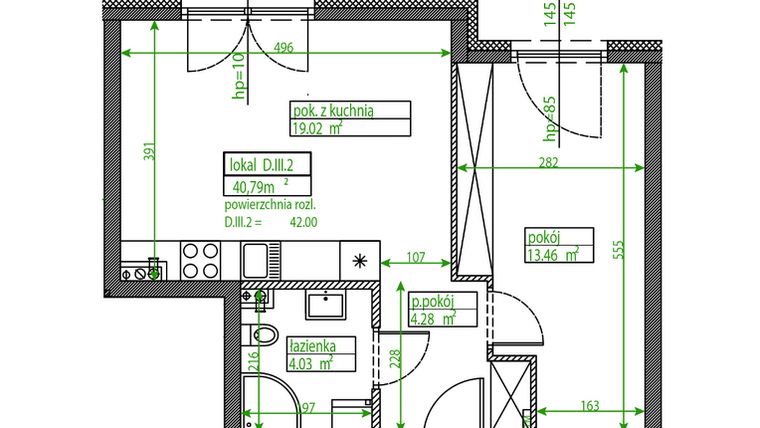 Rzut - Mieszkanie na sprzedaż 2 pokoje o powierzchni 40,79 m² - numer D.III.2 w Osiedle Opolska