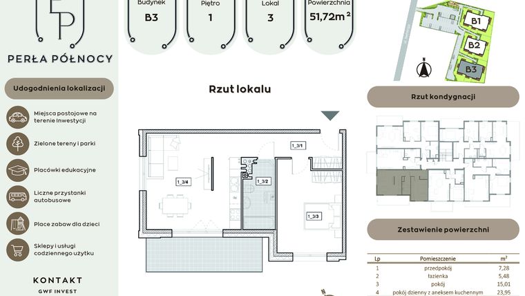 Rzut - Mieszkanie na sprzedaż 2 pokoje o powierzchni 51,72 m² - numer B3.1_3 w Perła Północy etap 2