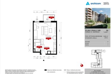 Rzut - Mieszkanie na sprzedaż 1 pokój o powierzchni 39,98 m² - numer K.59 w Wieża Jeżyce etap V