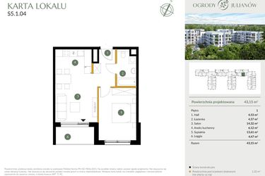 Rzut - Mieszkanie na sprzedaż 2 pokoje o powierzchni 43,15 m² - numer S5.1.04 w Ogrody Julianów