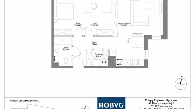 Rzut - Mieszkanie na sprzedaż 3 pokoje o powierzchni 68,2 m² - numer H2_1M03 w Piątkowo Residence etap II