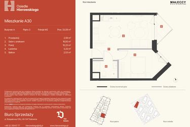 Rzut - Mieszkanie na sprzedaż 2 pokoje o powierzchni 33,08 m² - numer A30 w Osiedle Hierowskiego
