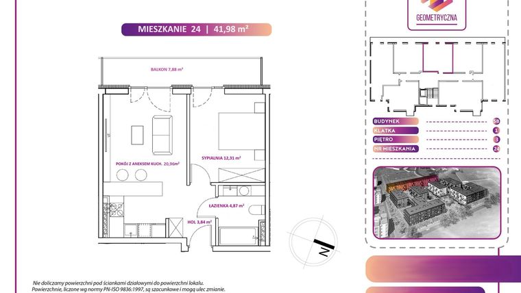 Rzut - Mieszkanie na sprzedaż 2 pokoje o powierzchni 41,98 m² - numer 24B w Geometryczna 5 - etap 3 - klatka I