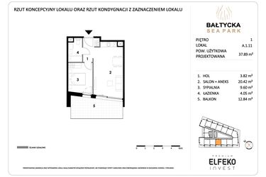 Rzut - Mieszkanie na sprzedaż 2 pokoje o powierzchni 37,89 m² - numer A.1.11 w Bałtycka Sea Park