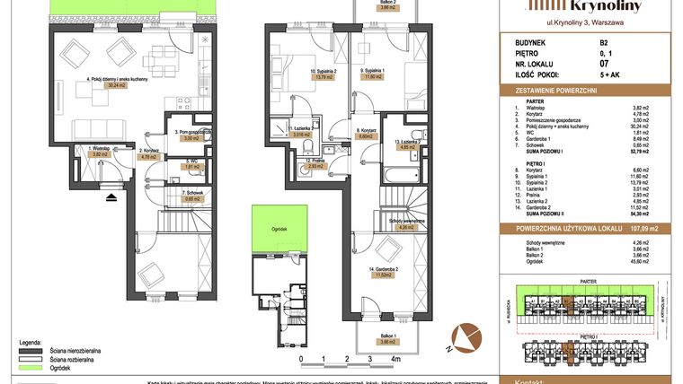 Rzut - Mieszkanie na sprzedaż 5 pokoi o powierzchni 107,09 m² - numer 07.B2 w Apartamenty Krynoliny