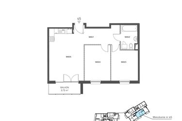 Rzut - Mieszkanie na sprzedaż 3 pokoje o powierzchni 61,09 m² - numer 45 w Wzgórze Krzemionki II