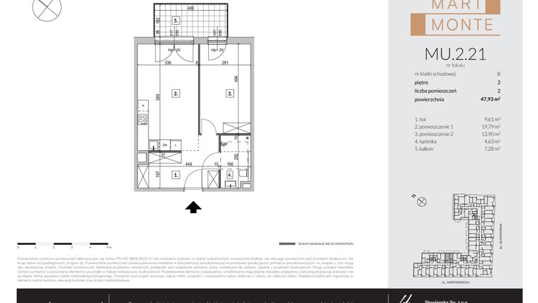 Rzut - Mieszkanie na sprzedaż 2 pokoje o powierzchni 47,81 m² - numer MU.2.21 w Marimonte - apartamenty inwestycyjne