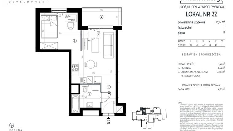 Rzut - Mieszkanie na sprzedaż 1 pokój o powierzchni 33,97 m² - numer A32 w Wróblewskiego