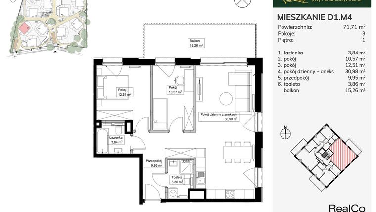 Rzut - Mieszkanie na sprzedaż 3 pokoje o powierzchni 71,71 m² - numer D1.M4 w Apartamenty przy Parku Szczytnickim