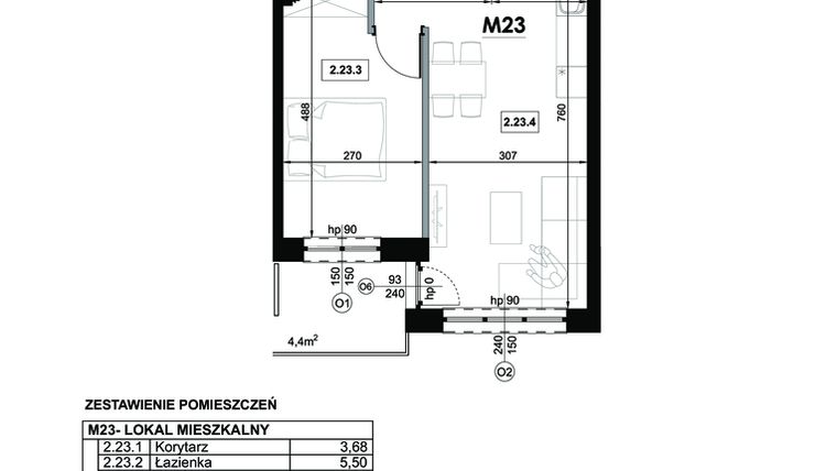 Rzut - Mieszkanie na sprzedaż 2 pokoje o powierzchni 42,88 m² - numer M23 w Miejska Premium II