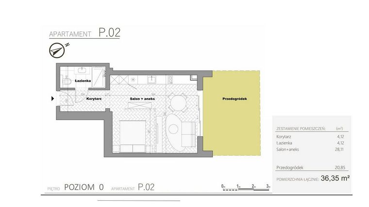 Rzut - Mieszkanie na sprzedaż 1 pokój o powierzchni 36,35 m² - numer 0.2 w Villa Książąt Pomorskich