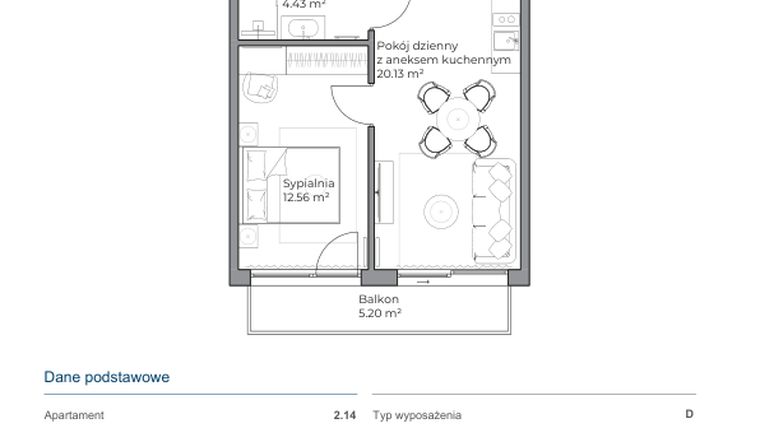 Rzut - Mieszkanie na sprzedaż 2 pokoje o powierzchni 36,97 m² - numer B.2.14 w Anchoria Holiday
