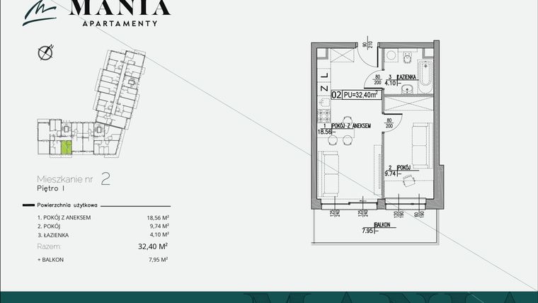 Rzut - Mieszkanie na sprzedaż 2 pokoje o powierzchni 32,4 m² - numer 2 w MANIA Apartamenty
