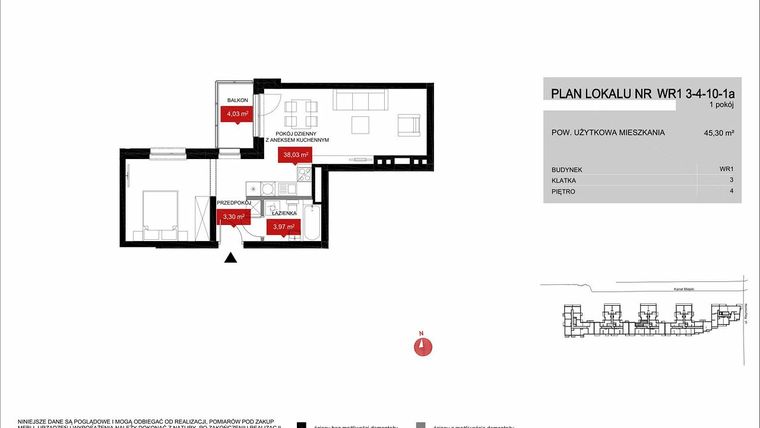 Rzut - Mieszkanie na sprzedaż 1 pokój o powierzchni 45,3 m² - numer WR1 3/4/10/1a w Przystań Reymonta
